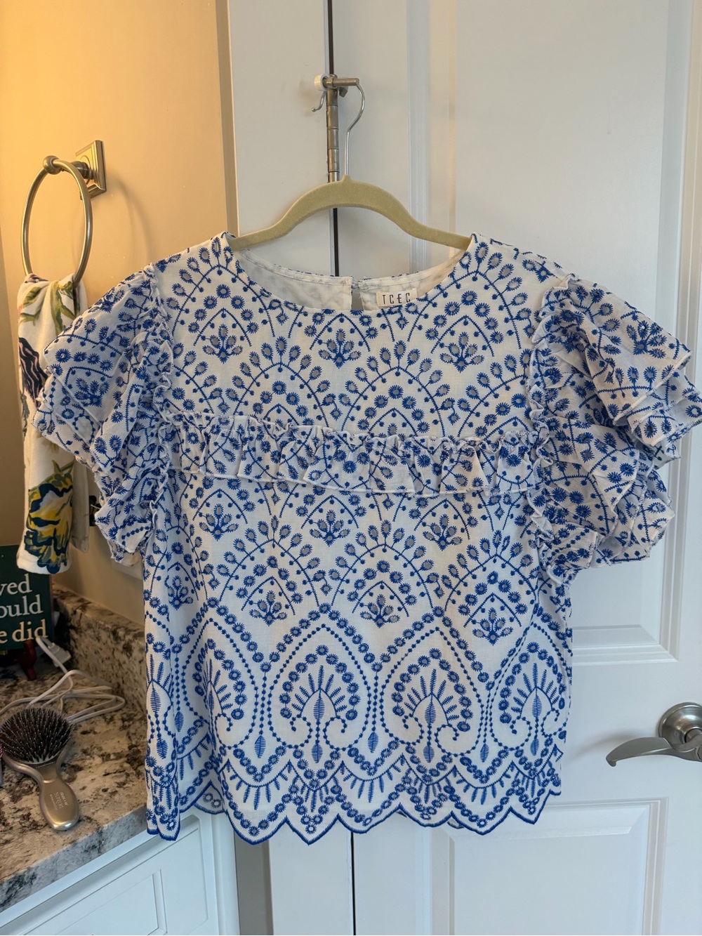 TCEC Boutique White Top with Blue Embroidered Pattern and Ruffle Sleeves NWT